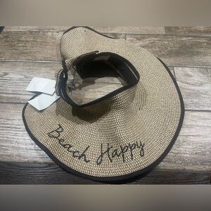 ☀️David & Young Women Sun Visor Hat Adjustable Wide Brim Straw Beige Black  NWT